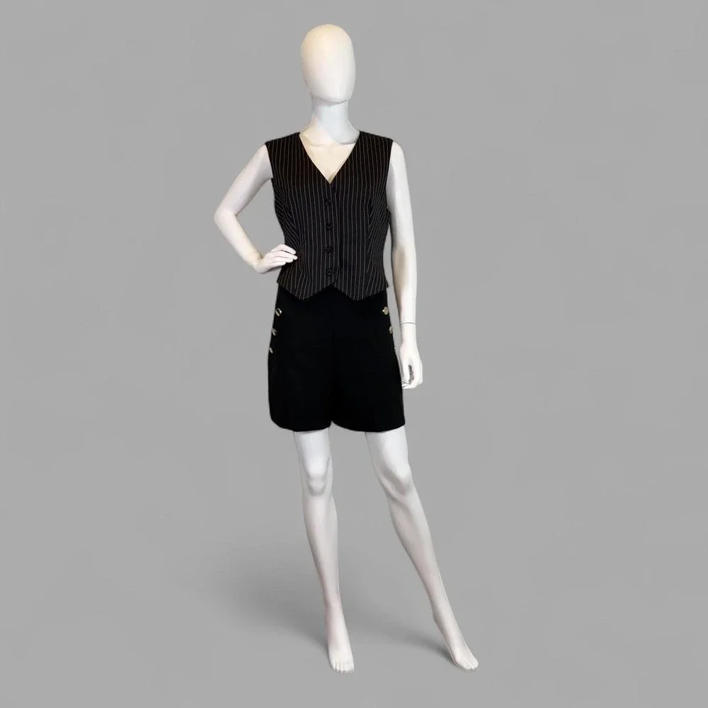 Commense Black Pinstripe Vest Top Women Large NWT Sleeveless Button Up Waistcoat